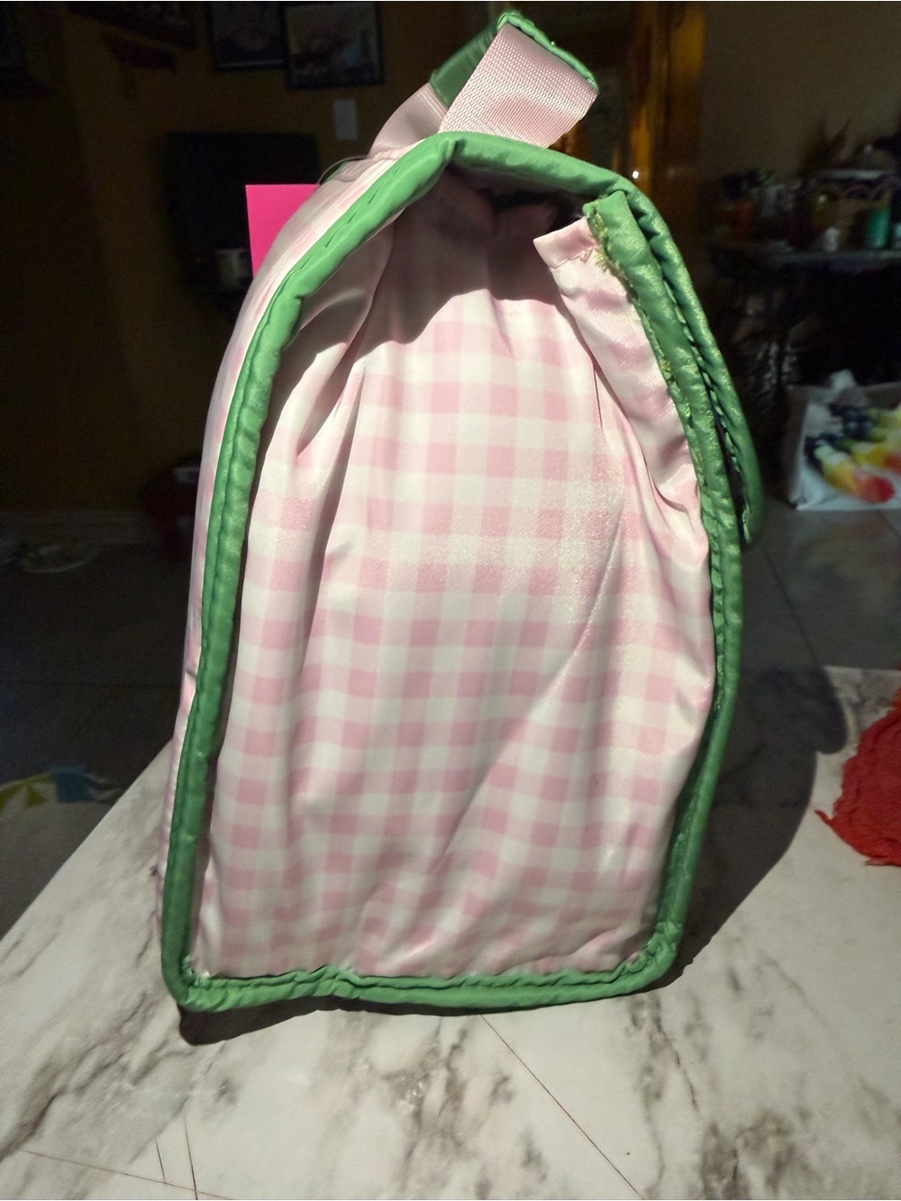 Betsey Johnson Pink Gingham Insulated flap top Handle Lunch Tote Bag Green Trim - Picture 4 of 4